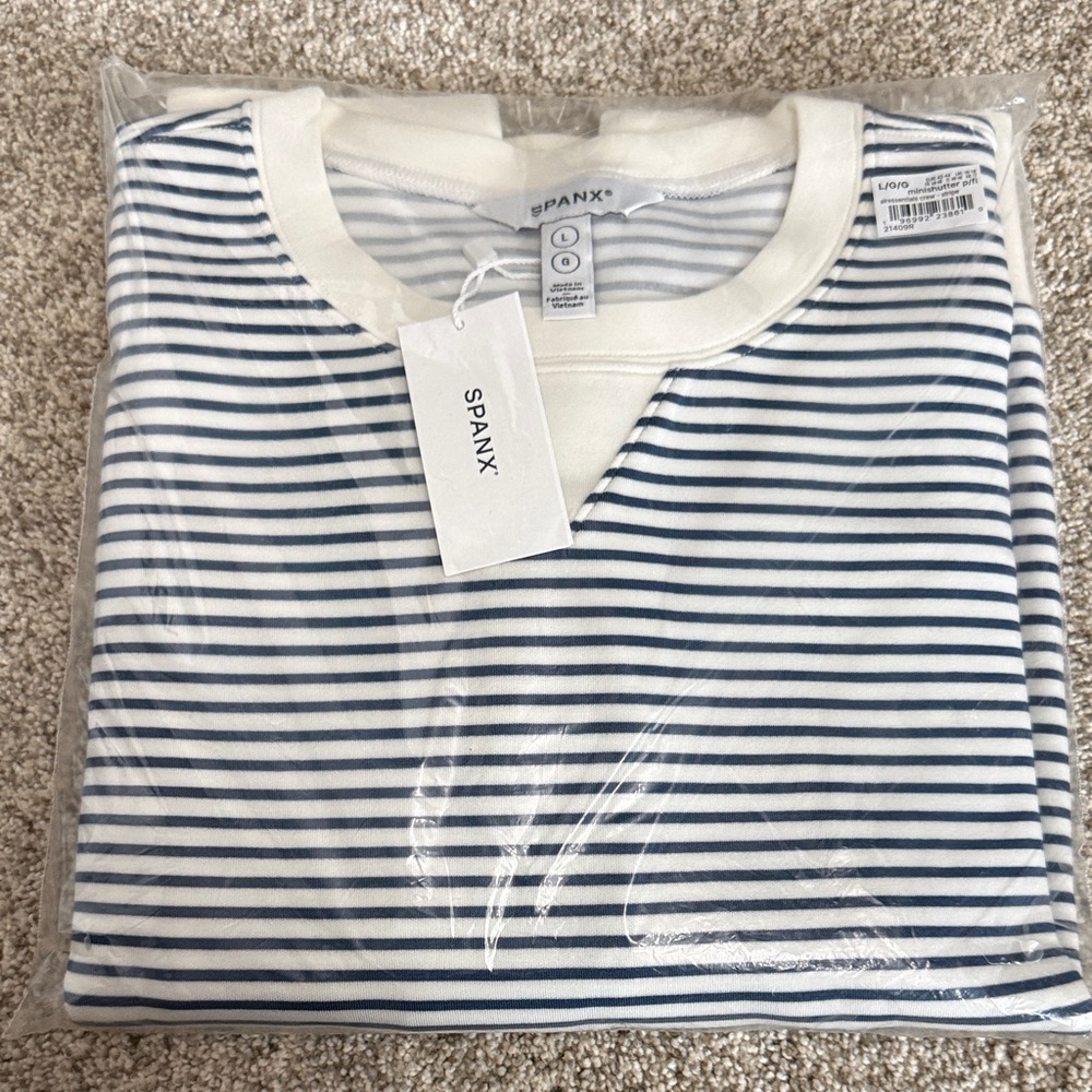 SPANX Navy and White Striped Air Essentials Crewneck
